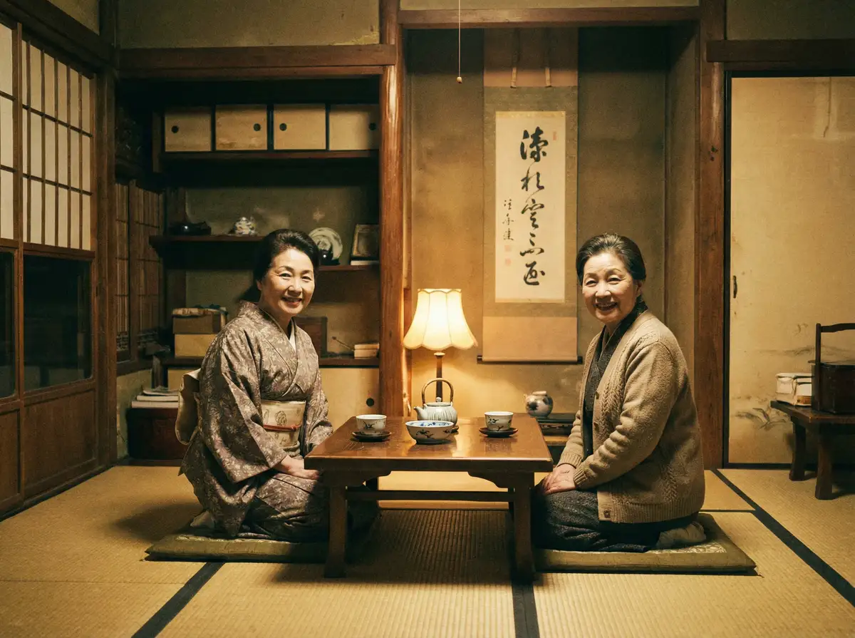 两位优雅的 野花直播免费观看日本更新 在日式茶室中品茶交谈